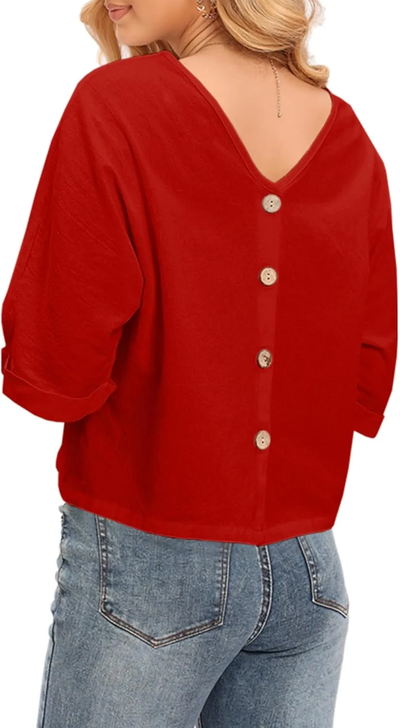 LNX Womens V Neck Button Down Linen Shirts Short Sleeve Casual Blouses Summer Tops