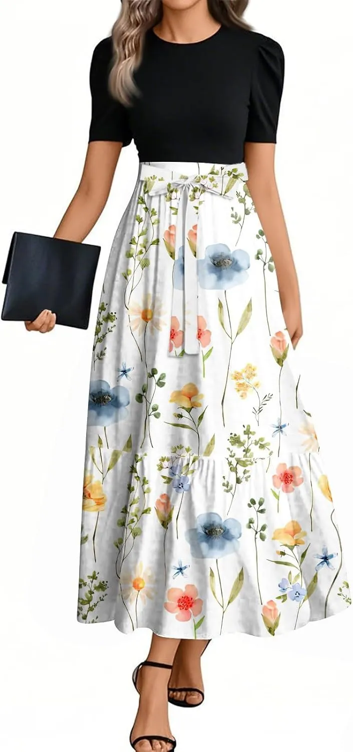 Maxi Flower Print 2025 Dresses, Beach Vacation Women's Jumpsuits Trendy Bow High Waisted Rompers for Women