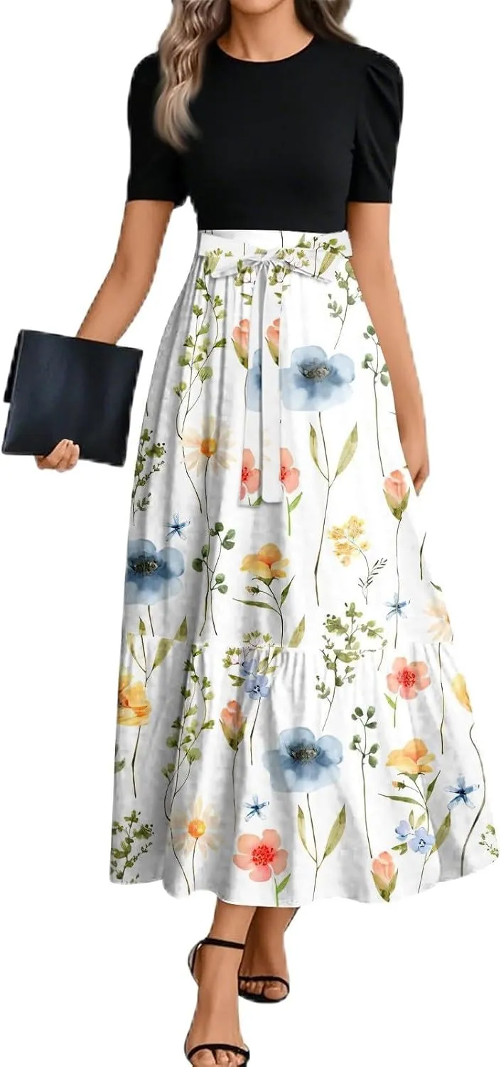 Maxi Flower Print 2025 Dresses, Beach Vacation Women's Jumpsuits Trendy Bow High Waisted Rompers for Women