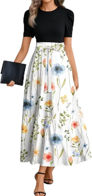 Maxi Flower Print 2025 Dresses, Beach Vacation Women's Jumpsuits Trendy Bow High Waisted Rompers for Women