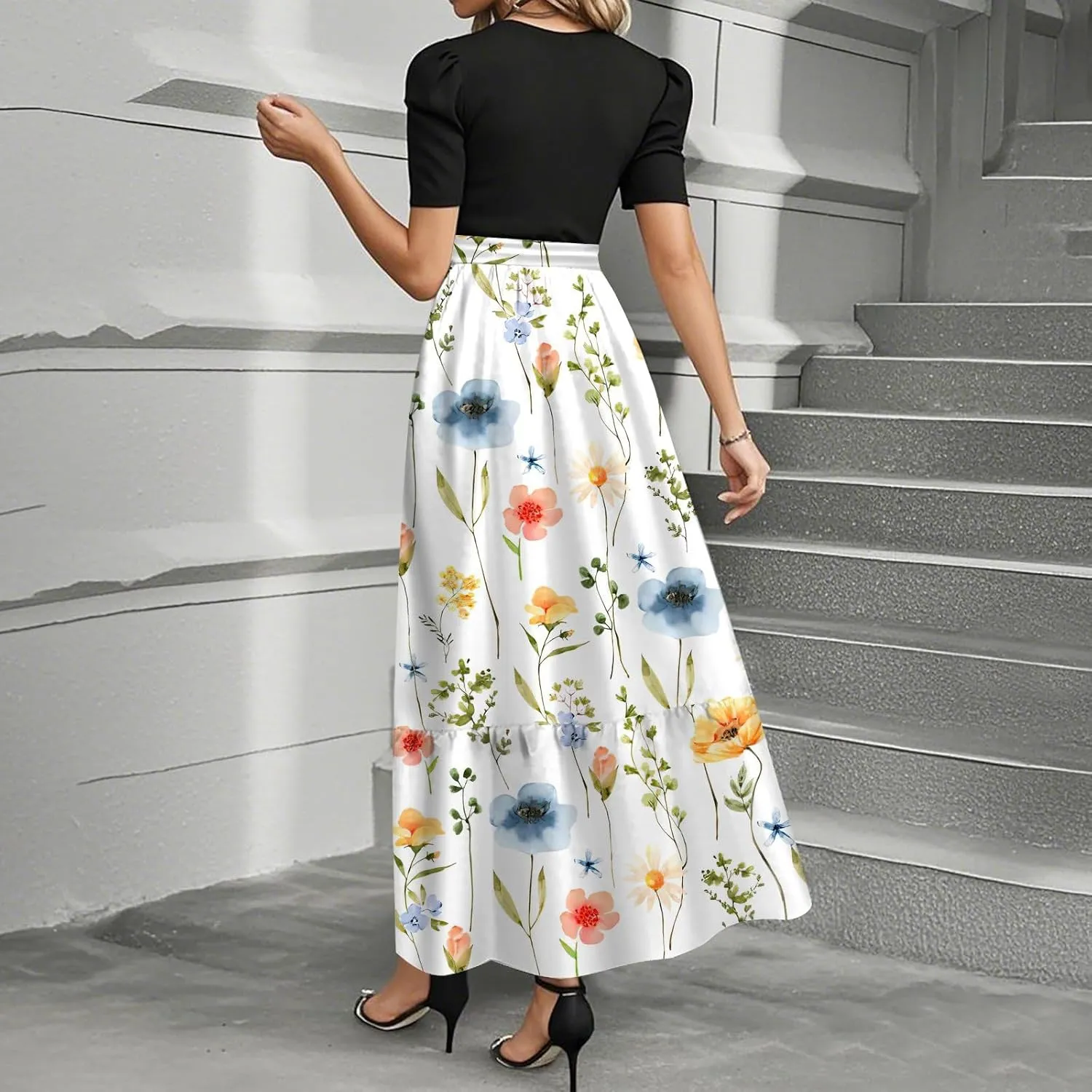 Maxi Flower Print 2025 Dresses, Beach Vacation Women's Jumpsuits Trendy Bow High Waisted Rompers for Women