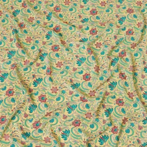 Mellow yellow pure silk crepe fabric with multicolor print in floral design-D8115
