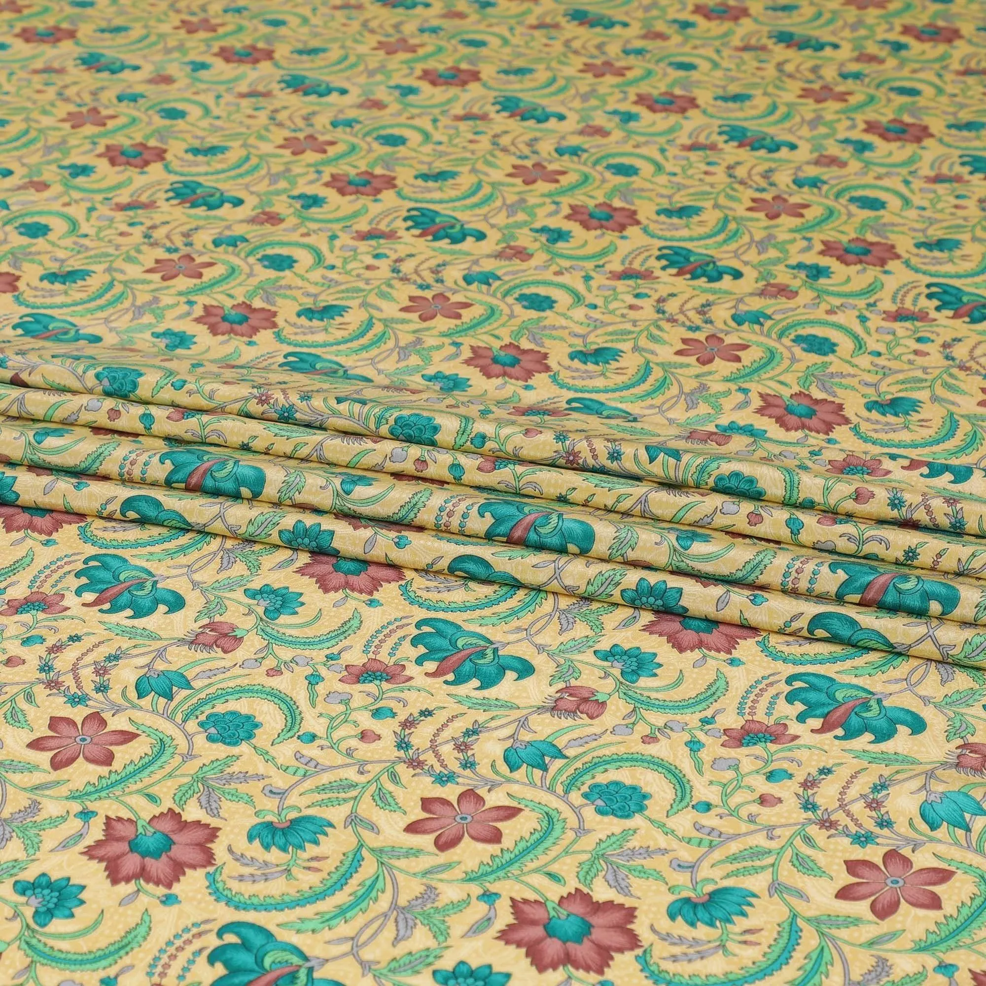 Mellow yellow pure silk crepe fabric with multicolor print in floral design-D8115