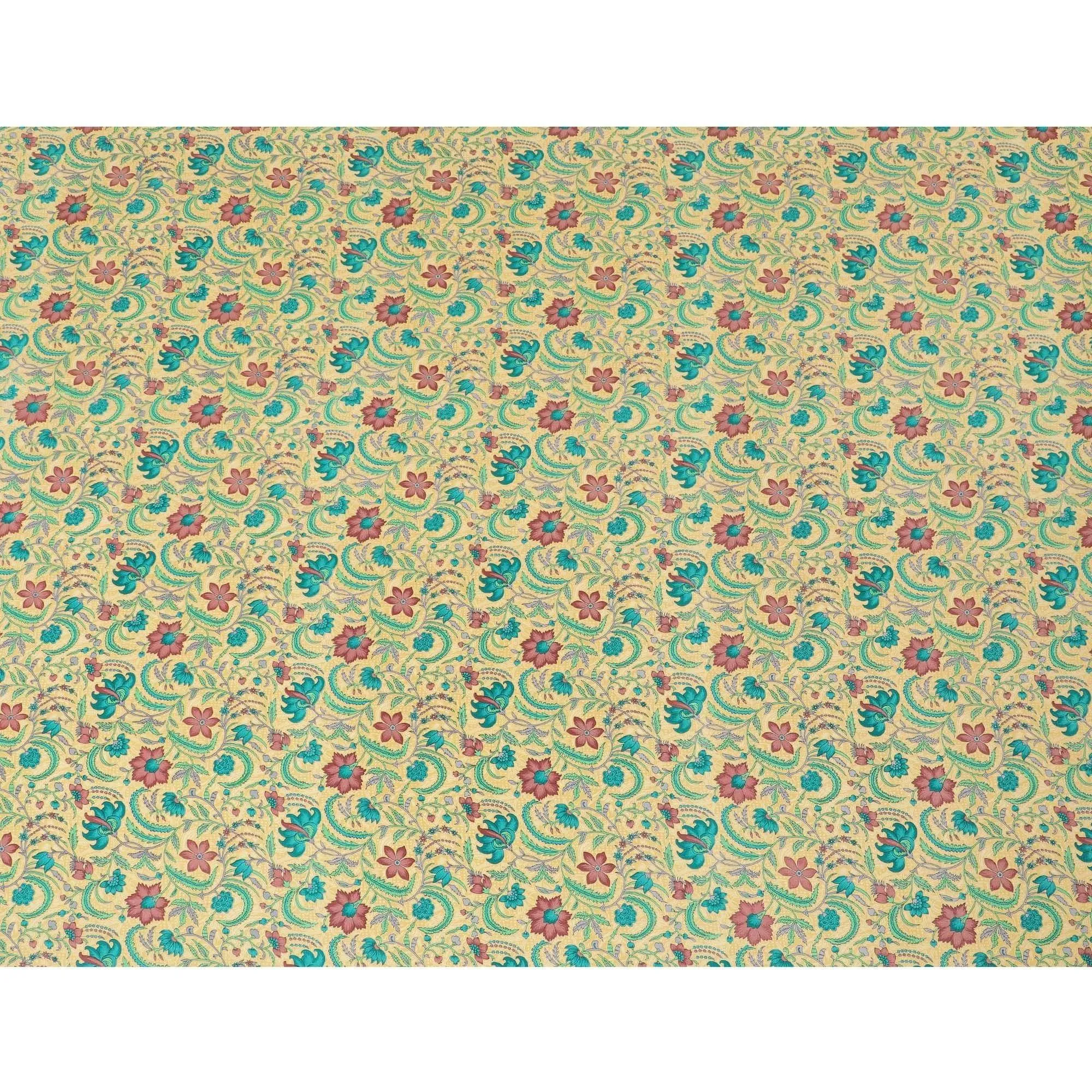 Mellow yellow pure silk crepe fabric with multicolor print in floral design-D8115