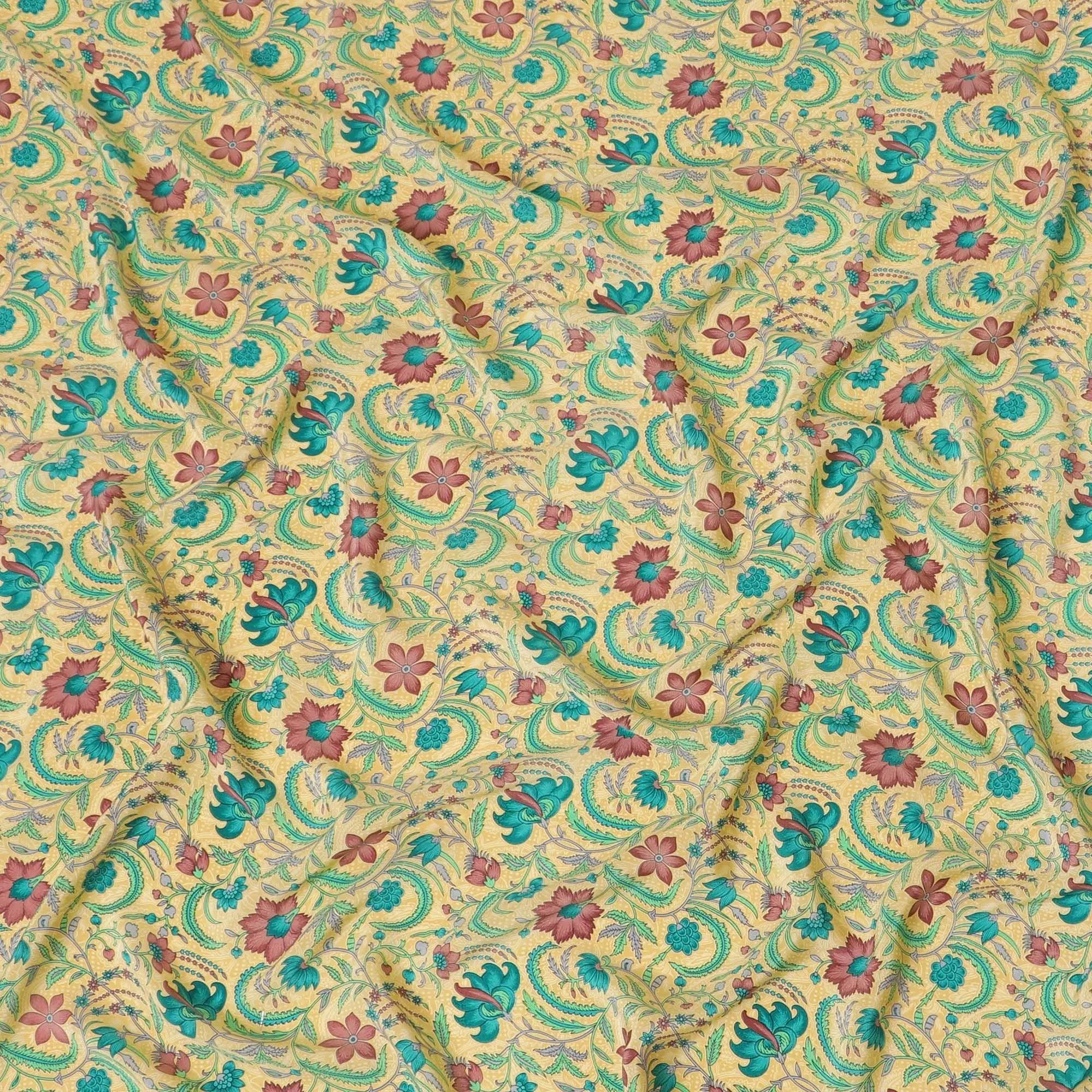 Mellow yellow pure silk crepe fabric with multicolor print in floral design-D8115