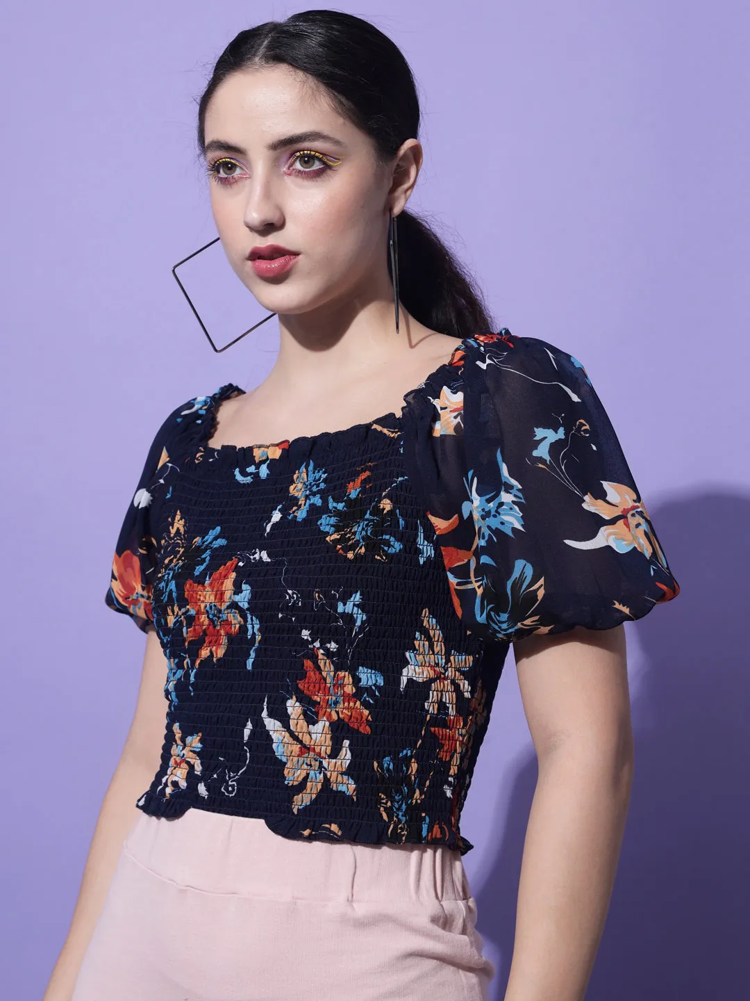 Navy Blue Floral Printed Smocking Crop Top