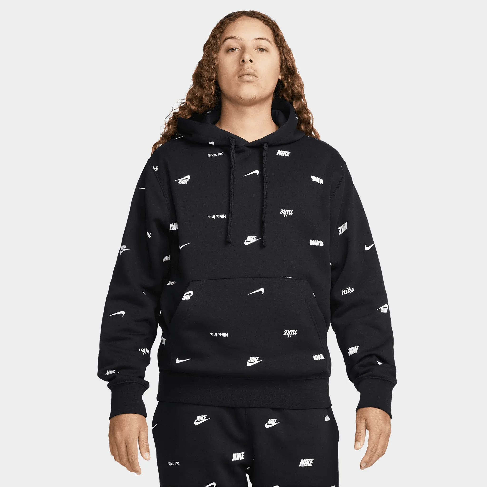 Nike Club Fleece  Allover Print Pullover Hoodie Black / White