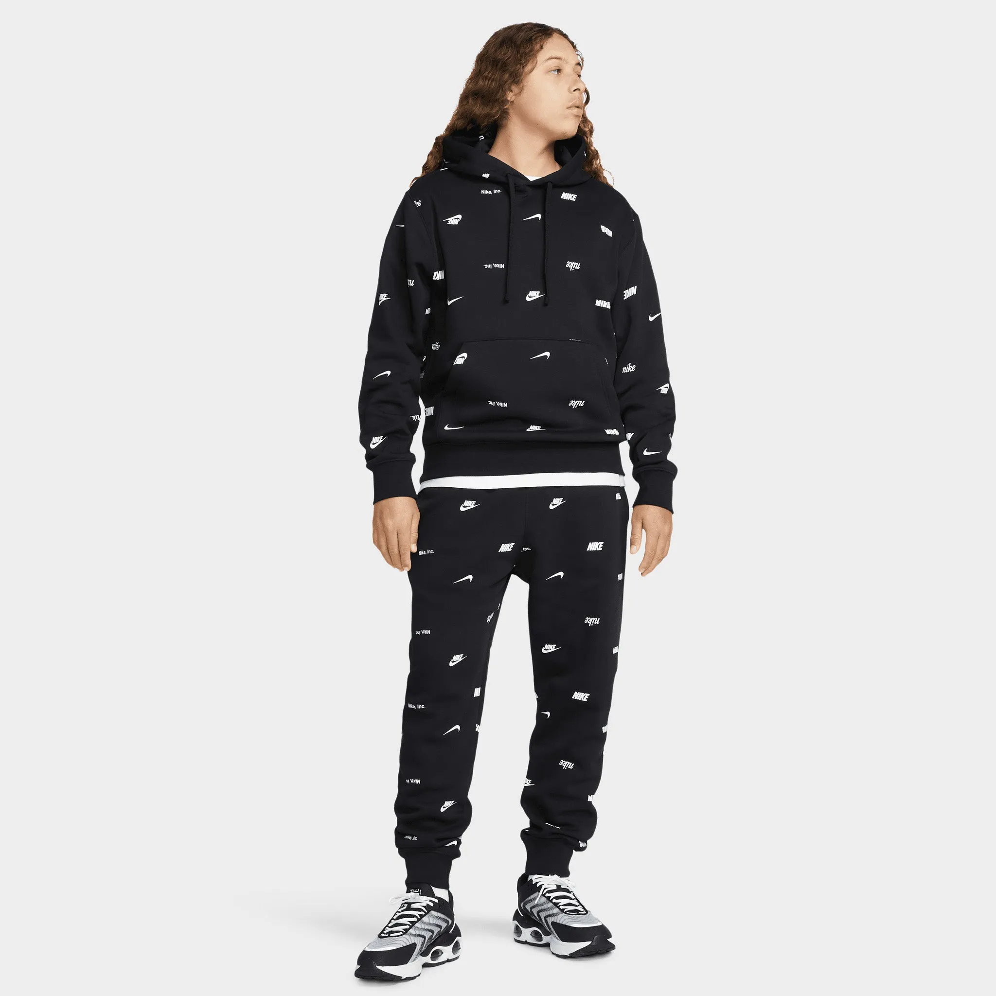 Nike Club Fleece  Allover Print Pullover Hoodie Black / White