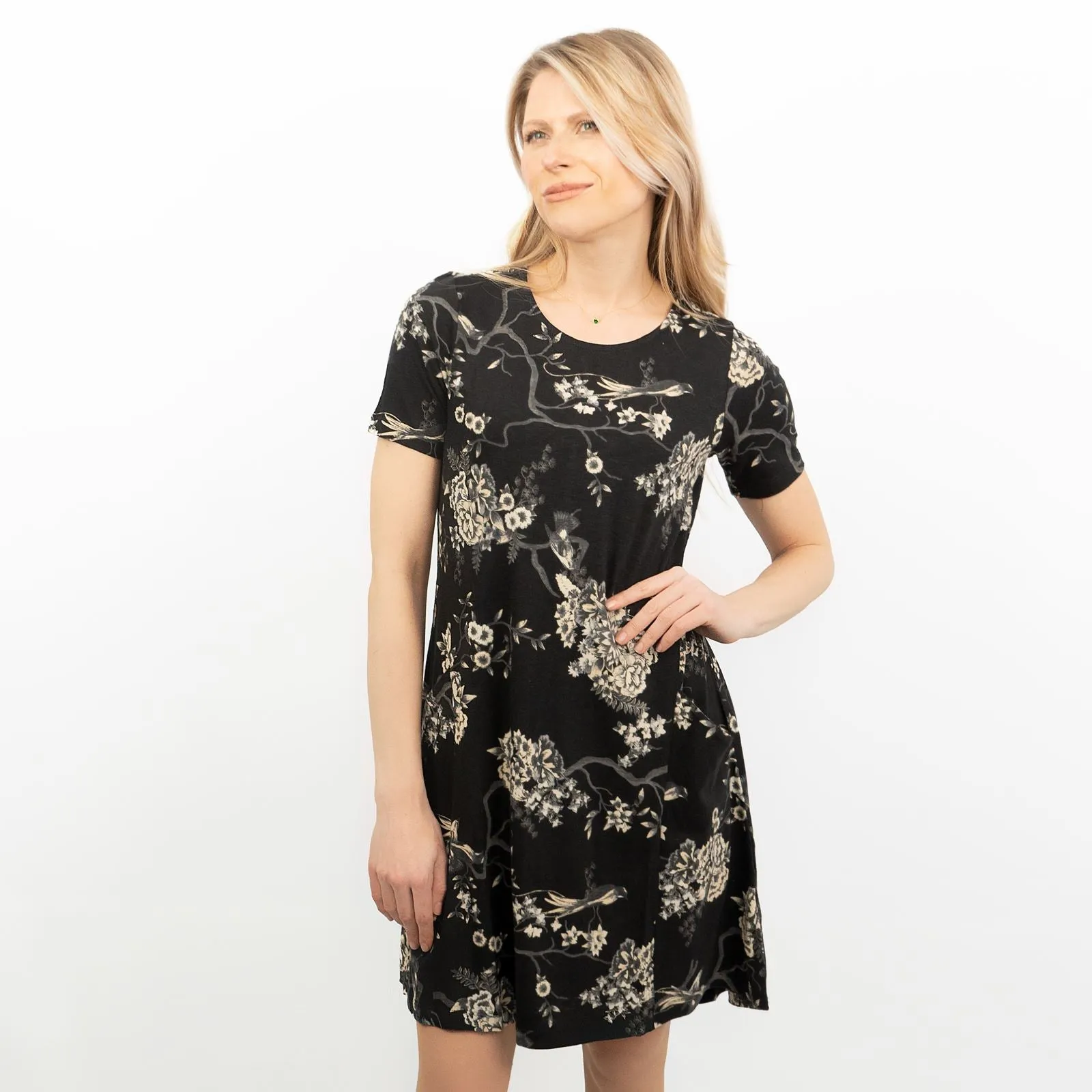 Oriental Garden Black Short Sleeve Simone Dress