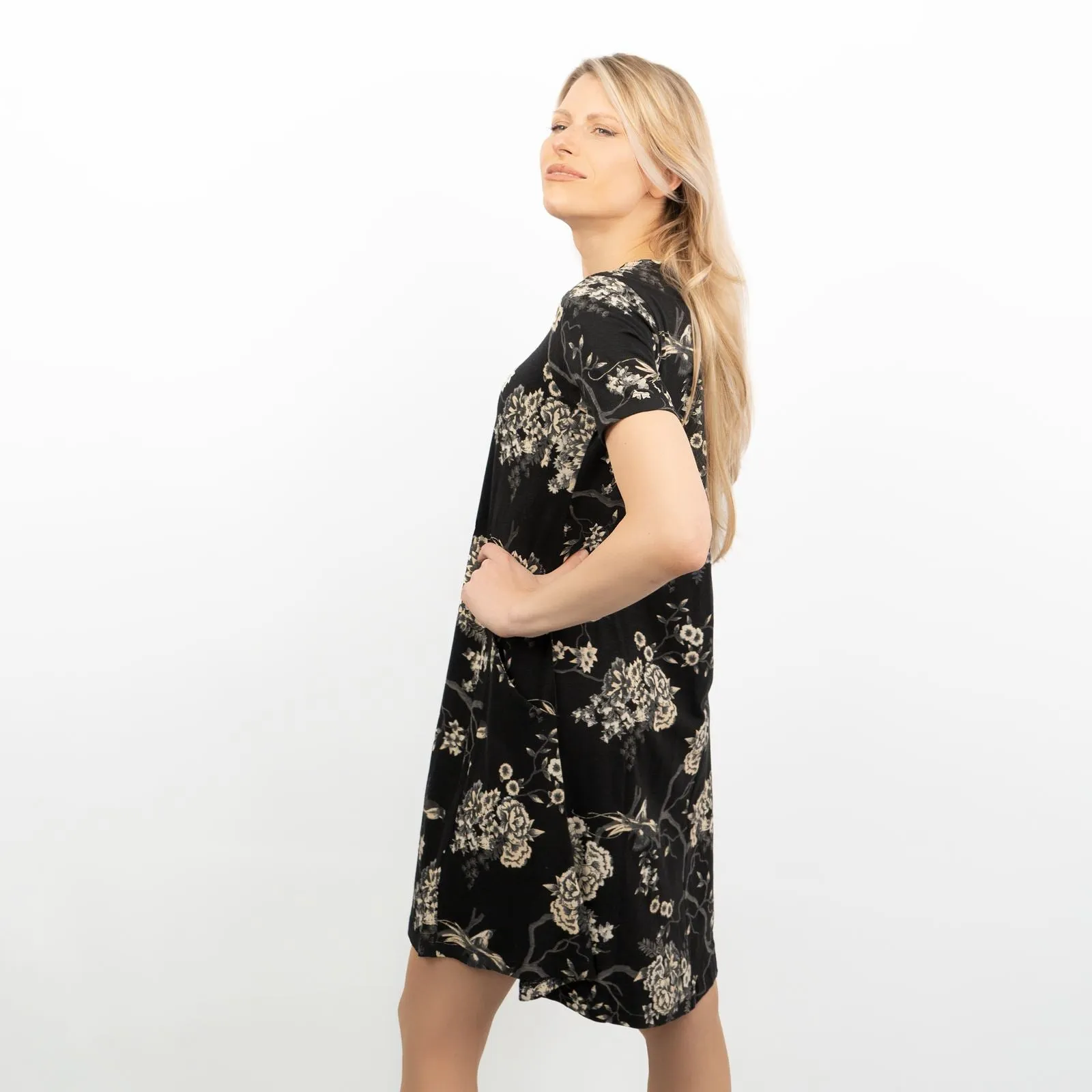 Oriental Garden Black Short Sleeve Simone Dress