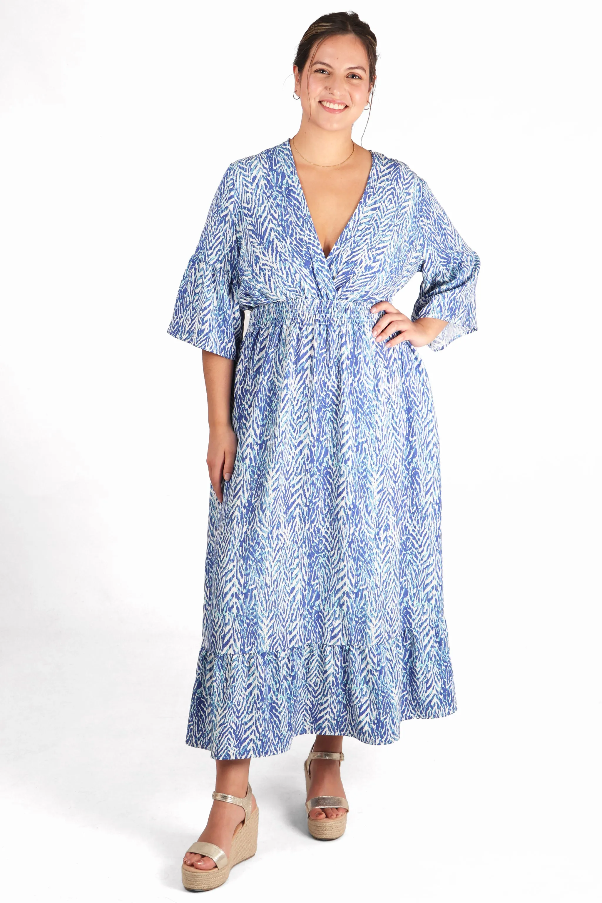 Painted Chevron Print V-Neck Shirred Maxi Dress with Fluted Sleeves in Blue