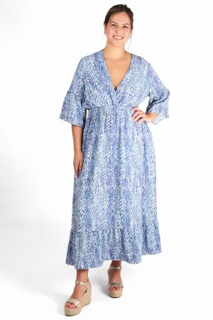 Painted Chevron Print V-Neck Shirred Maxi Dress with Fluted Sleeves in Blue