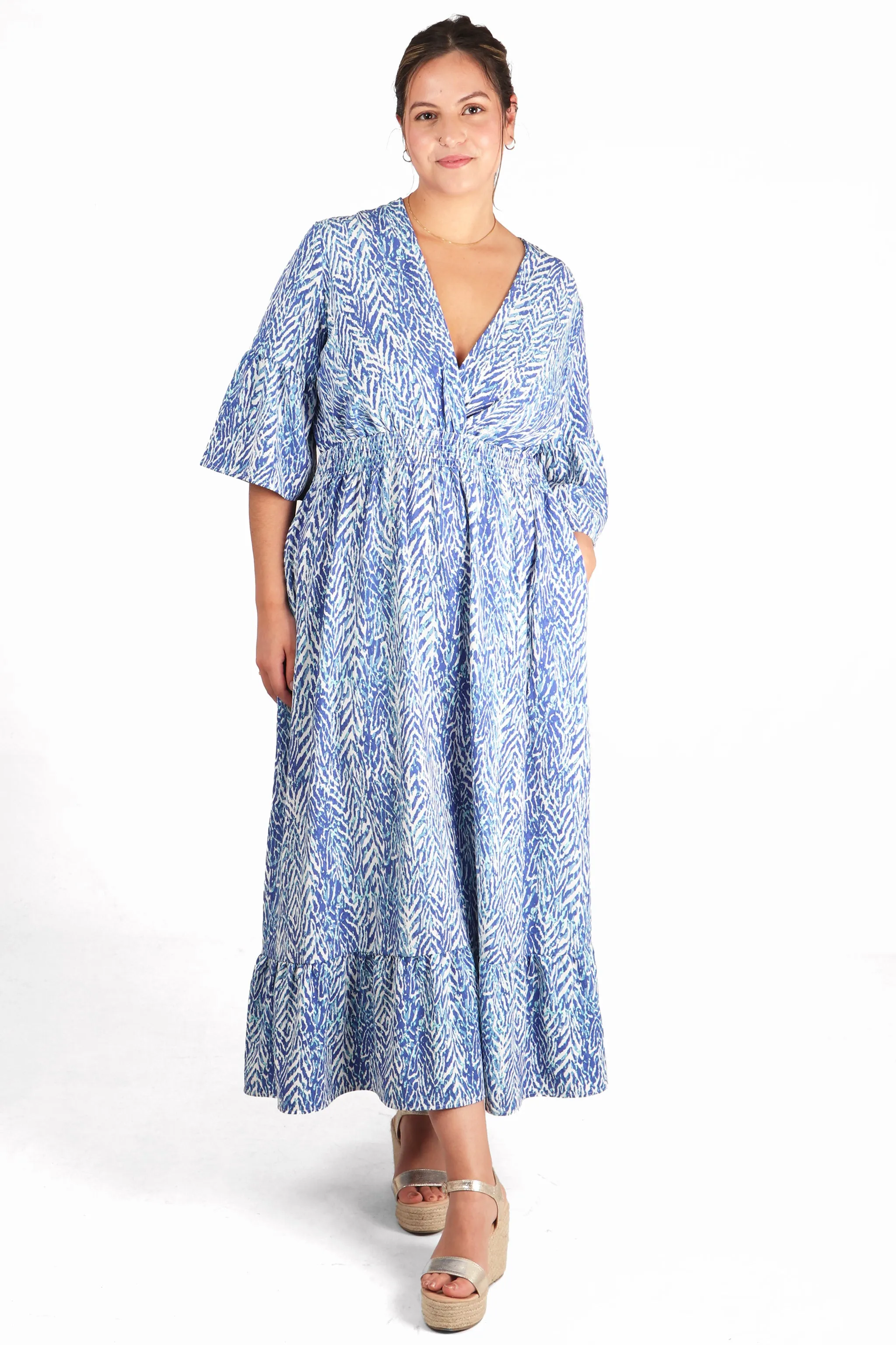 Painted Chevron Print V-Neck Shirred Maxi Dress with Fluted Sleeves in Blue