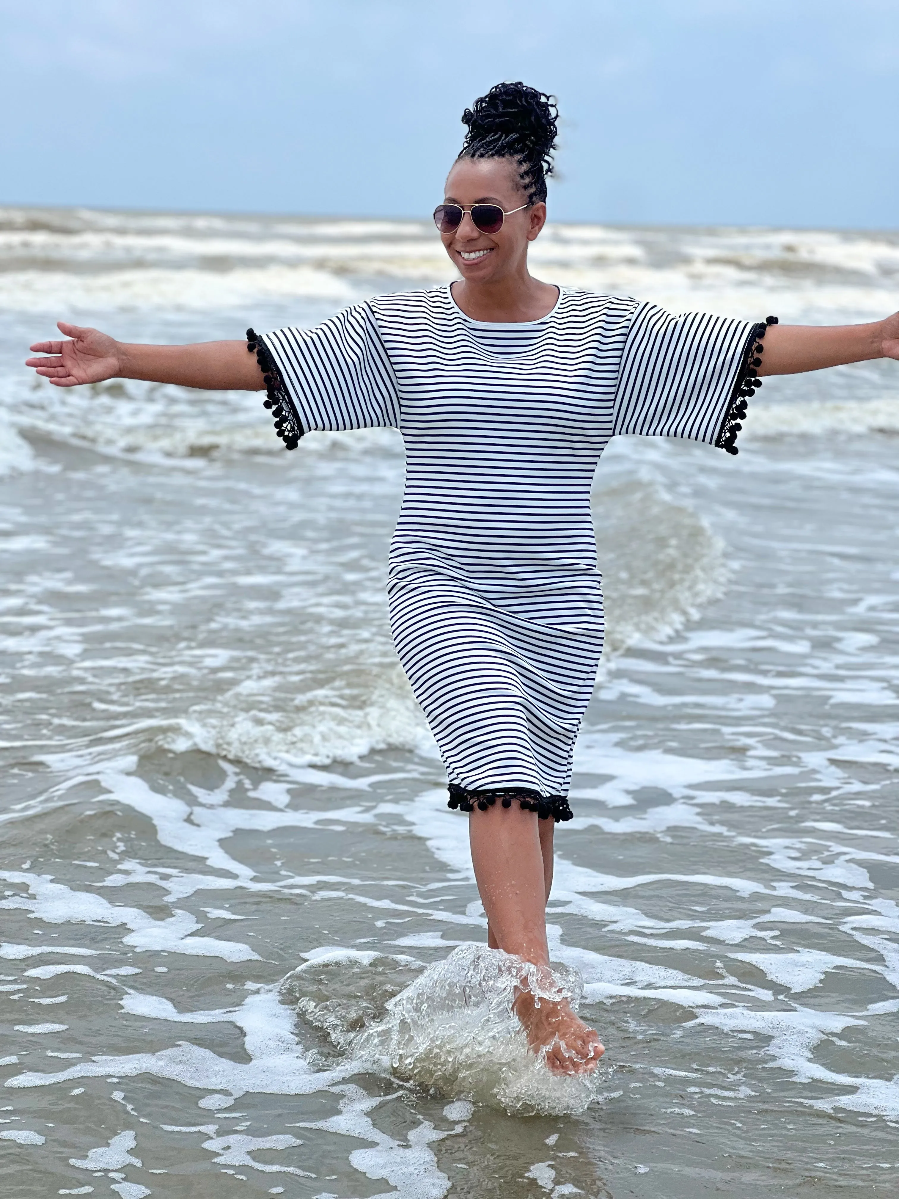 Paradise Swim Dress in White & Black Stripe