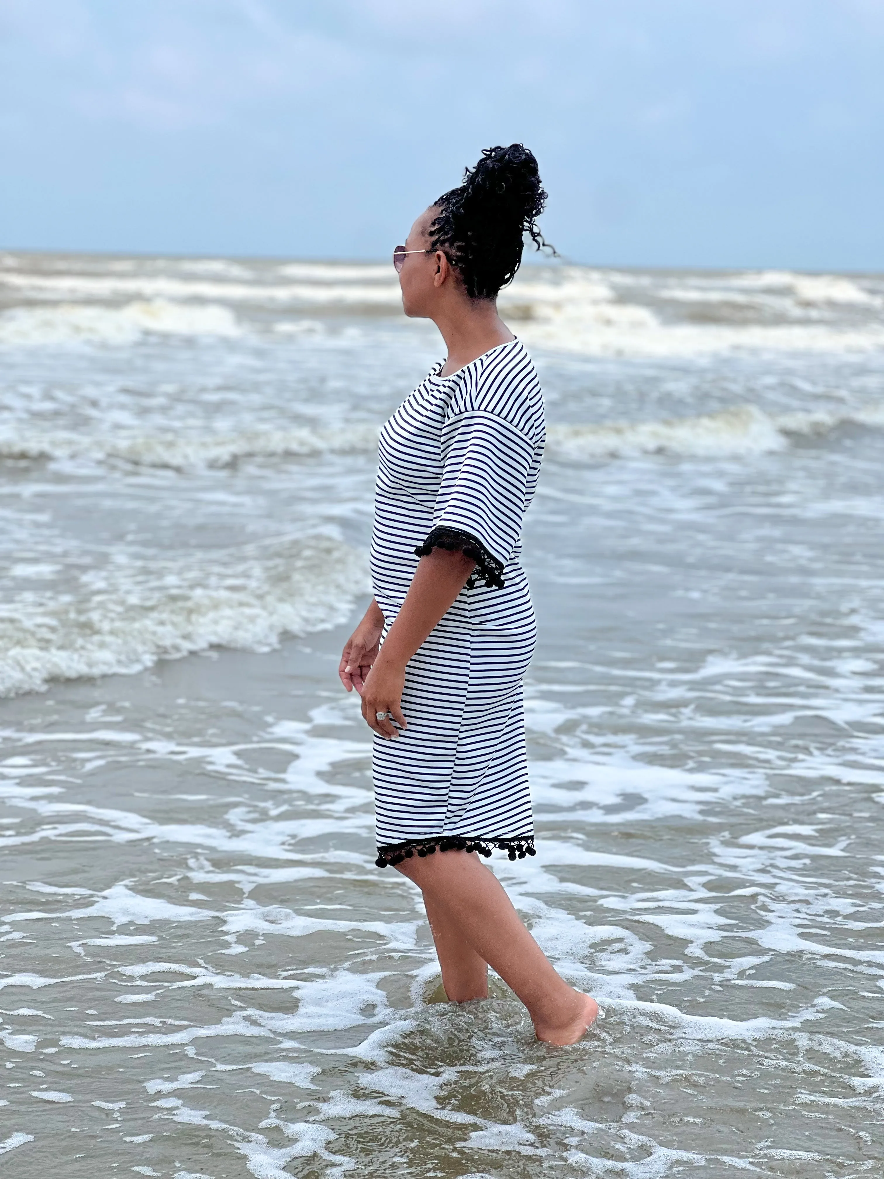 Paradise Swim Dress in White & Black Stripe