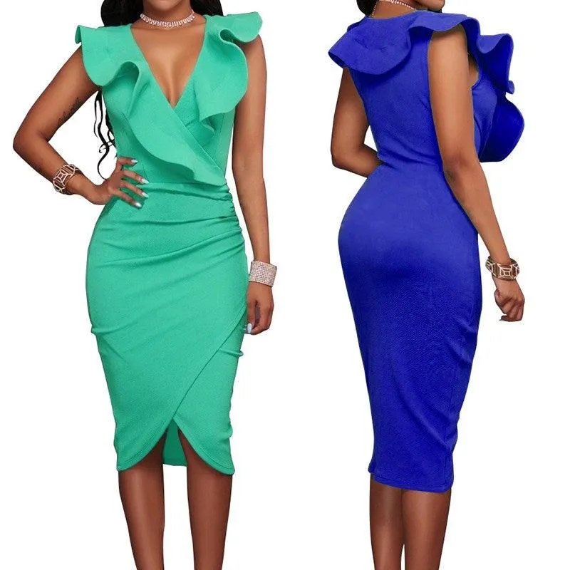 RUFFLED FITTED WRAP DRESS