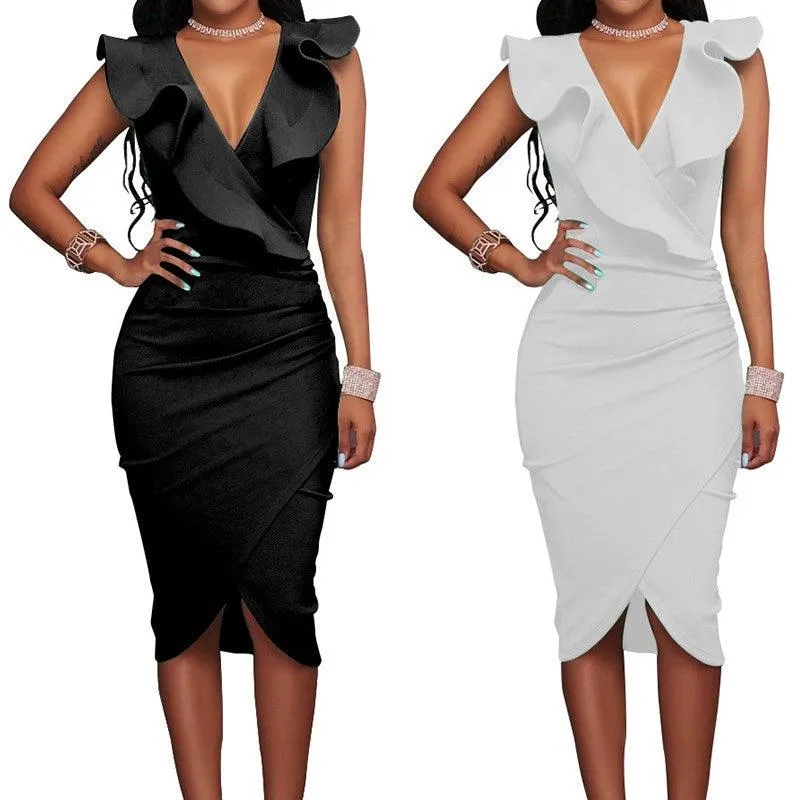 RUFFLED FITTED WRAP DRESS