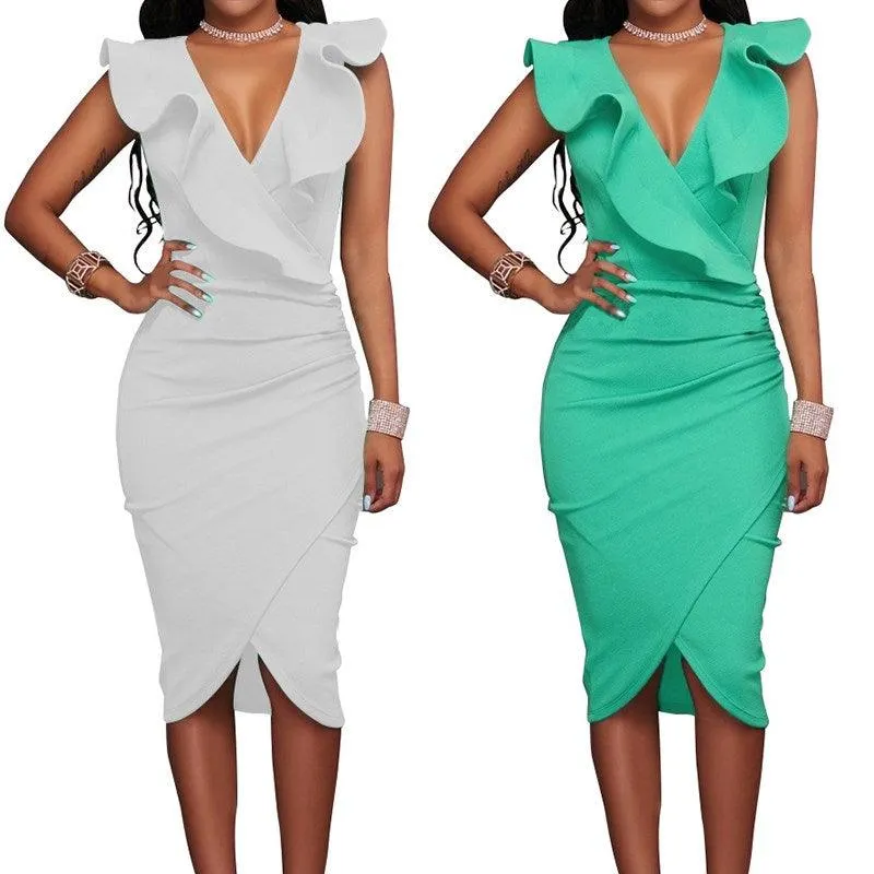RUFFLED FITTED WRAP DRESS