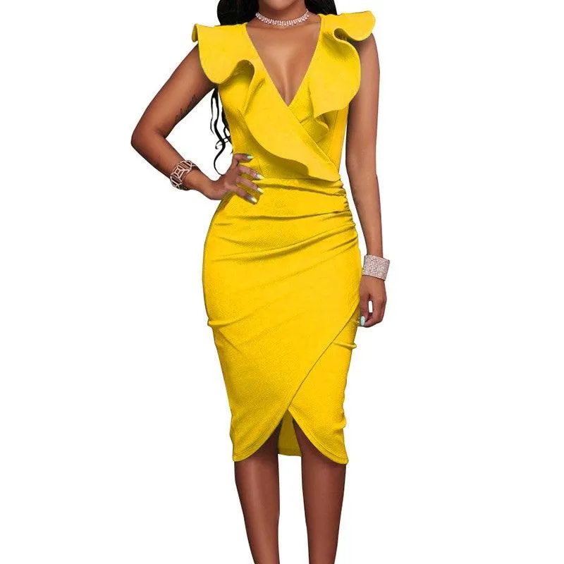 RUFFLED FITTED WRAP DRESS