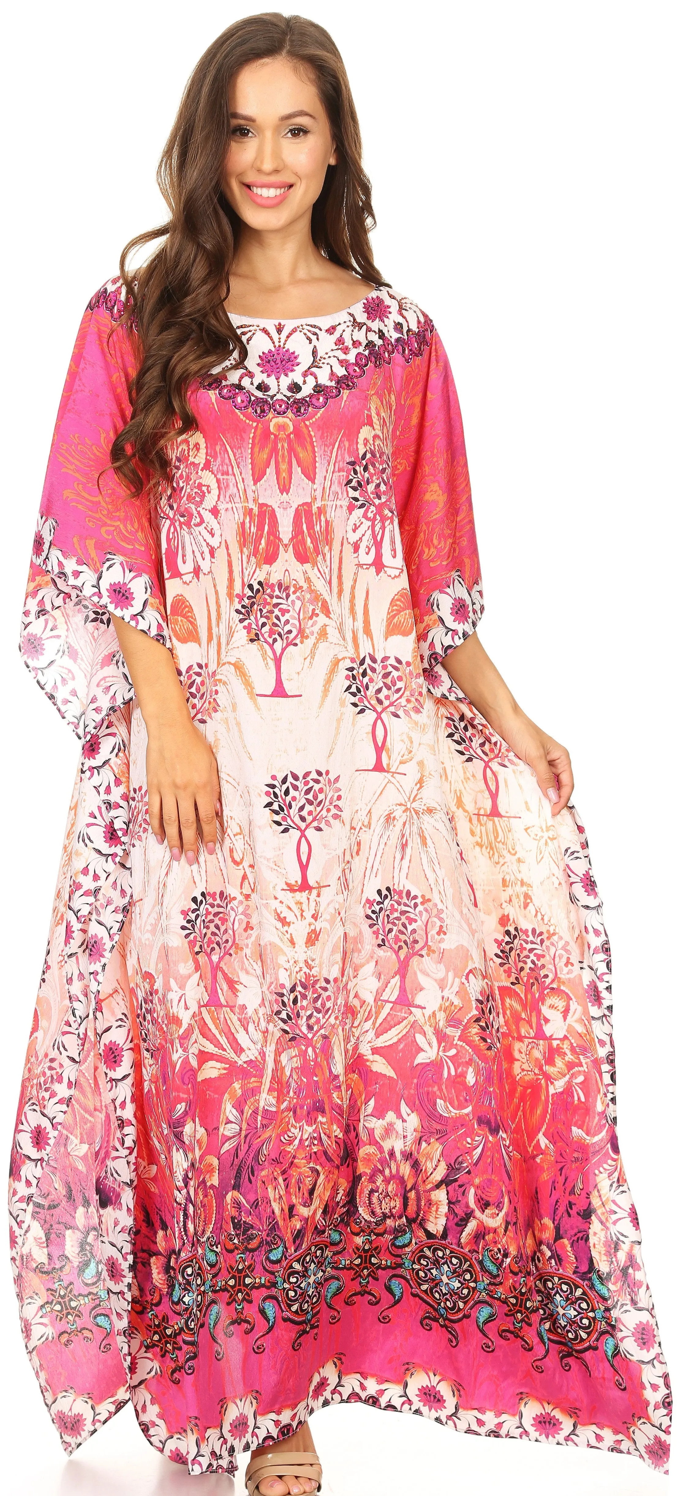Sakkas Jabari Long Kaftan Dress with Boat-neck Floral Paisley Print & Rhinestones