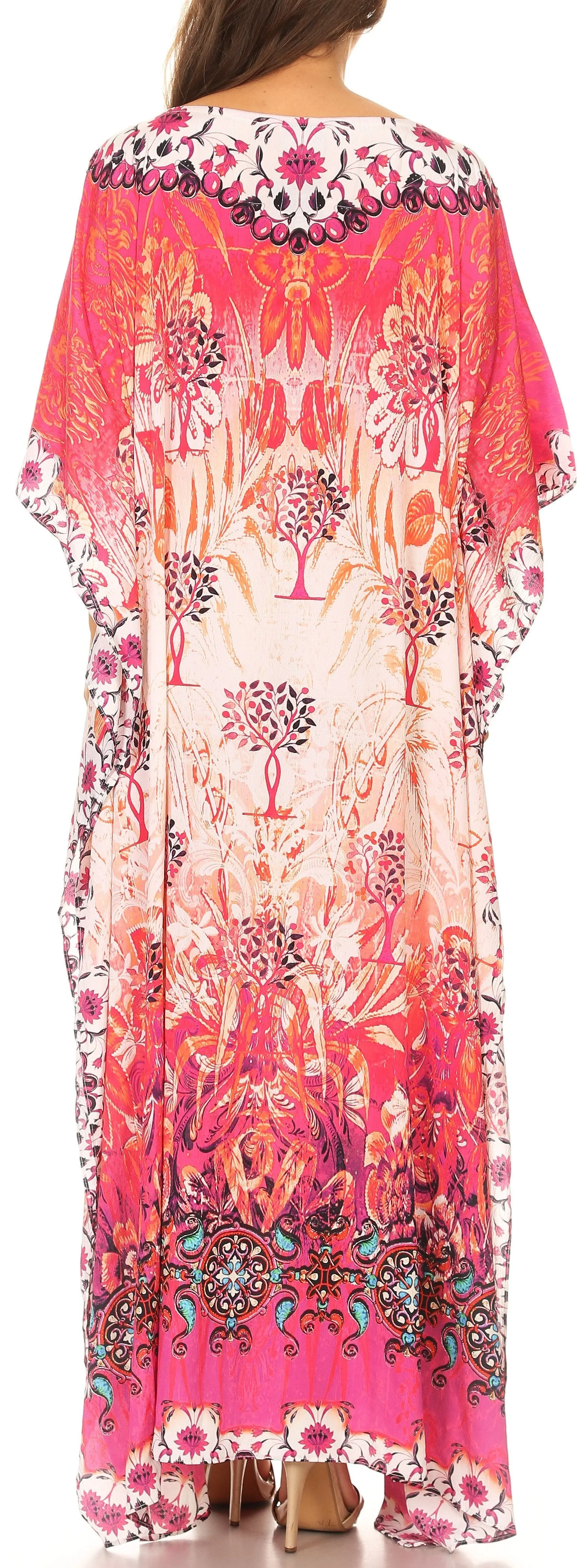 Sakkas Jabari Long Kaftan Dress with Boat-neck Floral Paisley Print & Rhinestones