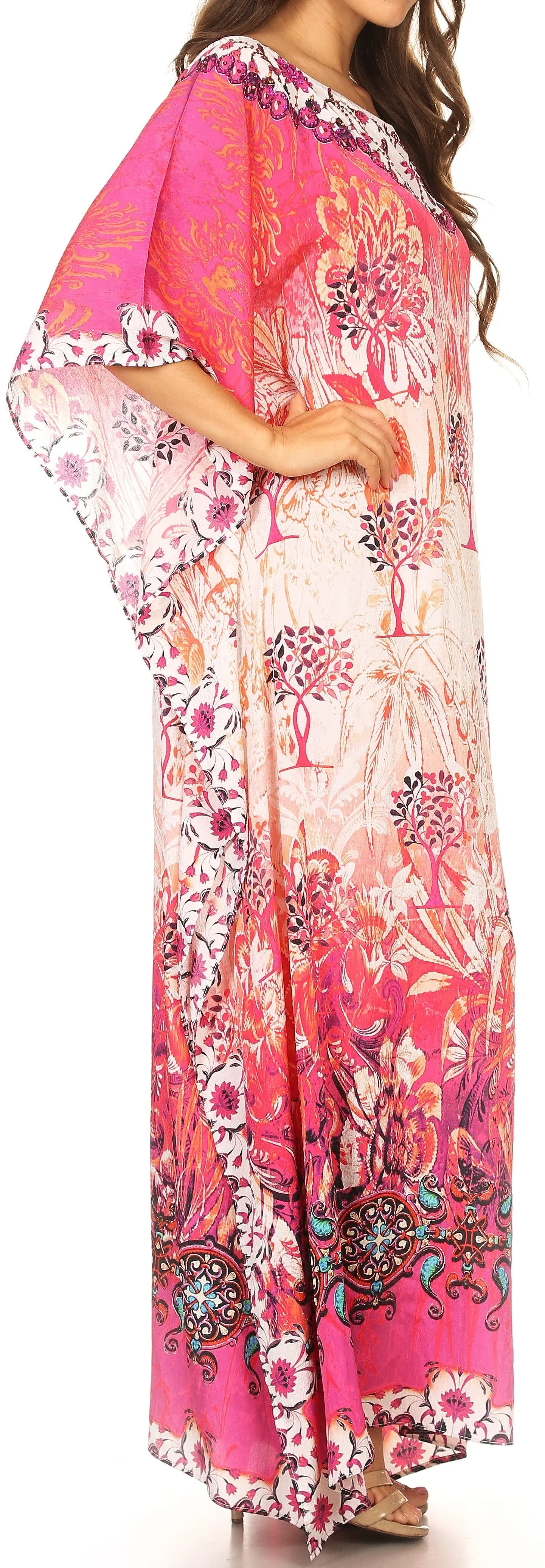 Sakkas Jabari Long Kaftan Dress with Boat-neck Floral Paisley Print & Rhinestones
