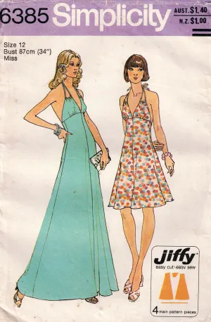 Simplicity 6385 Womens JIFFY Halter Maxi Dress or Disco Evening Dress 1970s Vintage Sewing Pattern Size 12 Bust 34 Inches UNCUT Factory Folded