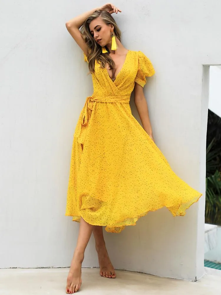 Summer Dot Yellow Casual Chiffon Dress