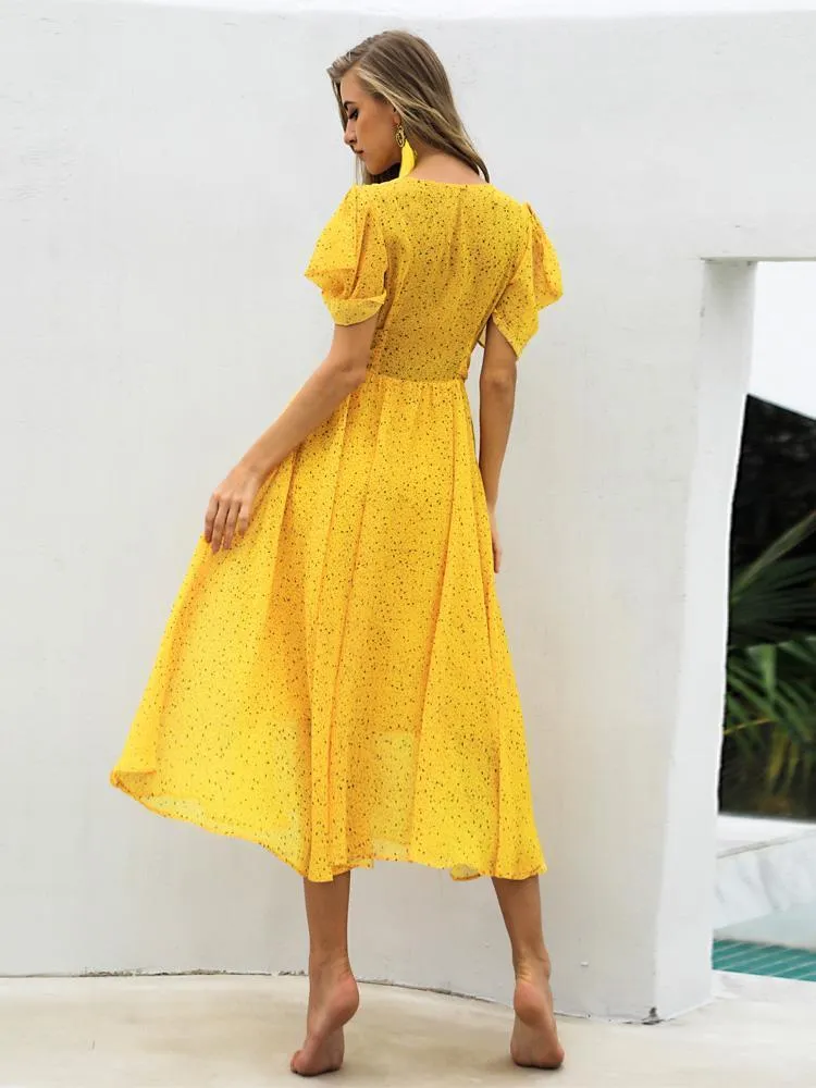 Summer Dot Yellow Casual Chiffon Dress