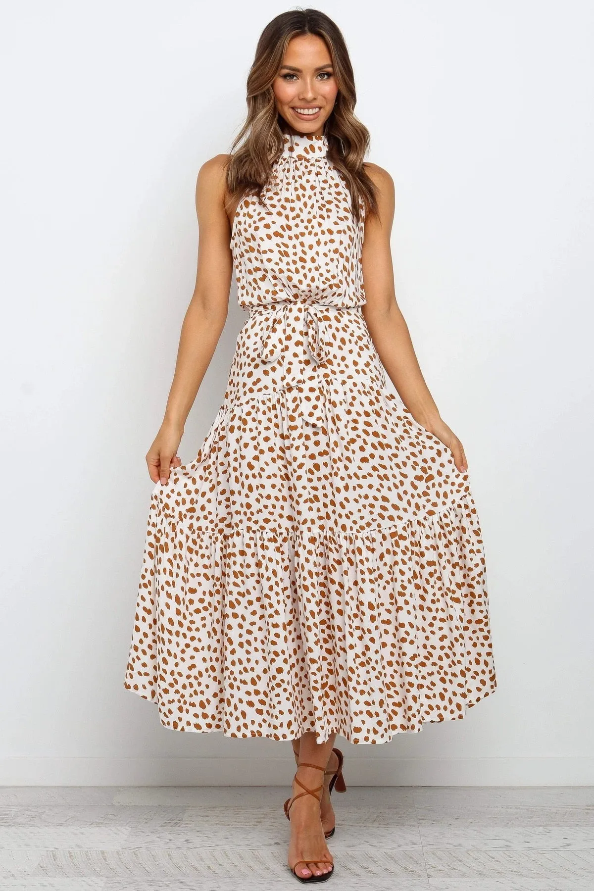 Summer Long Polka Dot Casual Sexy Halter Strapless Yellow Sundress