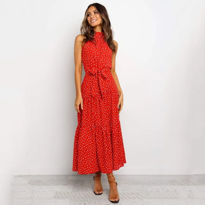 Summer Long Polka Dot Casual Sexy Halter Strapless Yellow Sundress