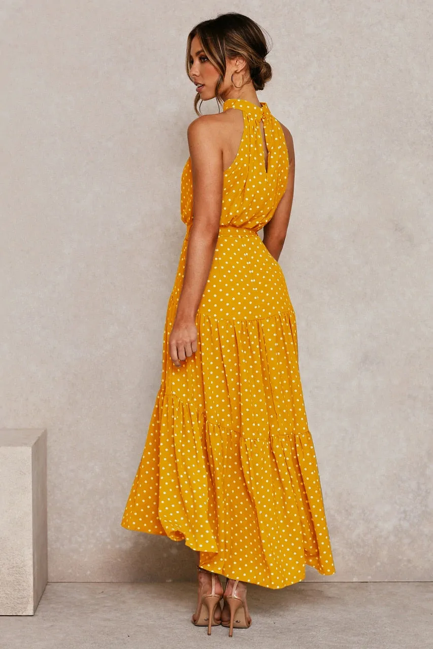 Summer Long Polka Dot Casual Sexy Halter Strapless Yellow Sundress