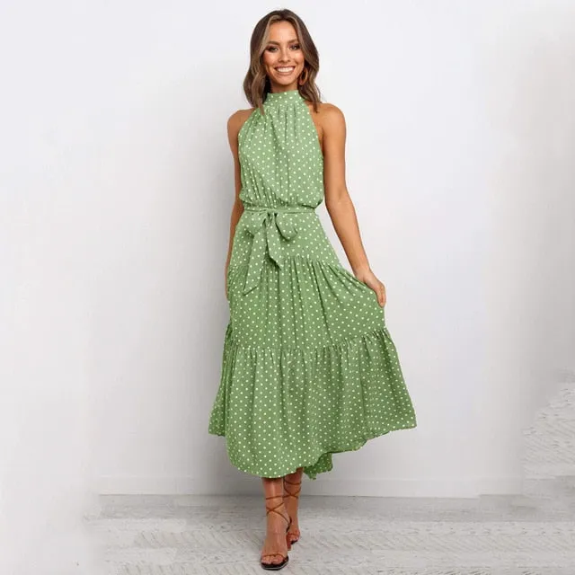 Summer Long Polka Dot Casual Sexy Halter Strapless Yellow Sundress