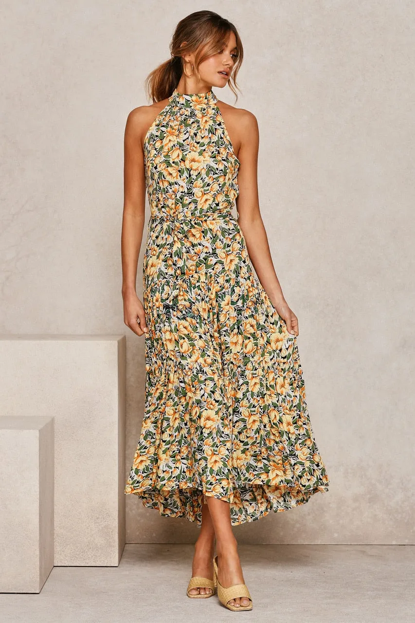 Summer Long Polka Dot Casual Sexy Halter Strapless Yellow Sundress