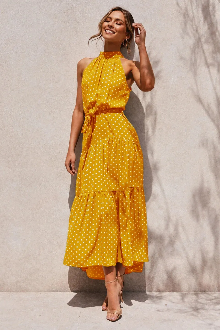 Summer Long Polka Dot Casual Sexy Halter Strapless Yellow Sundress