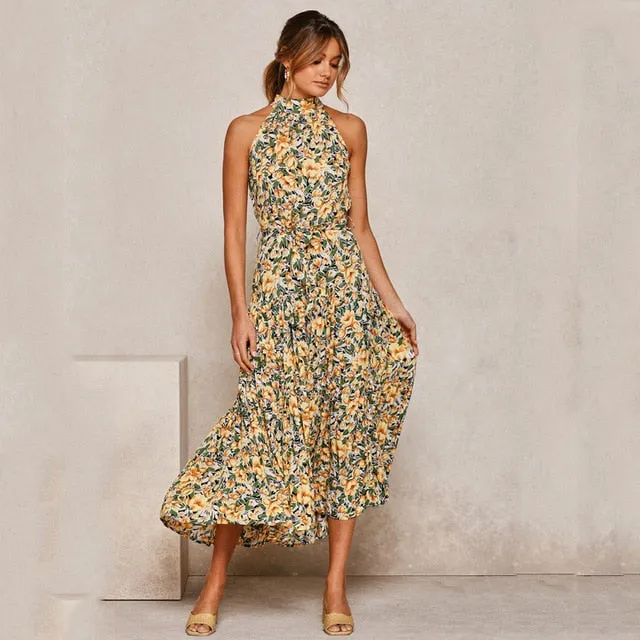 Summer Long Polka Dot Casual Sexy Halter Strapless Yellow Sundress