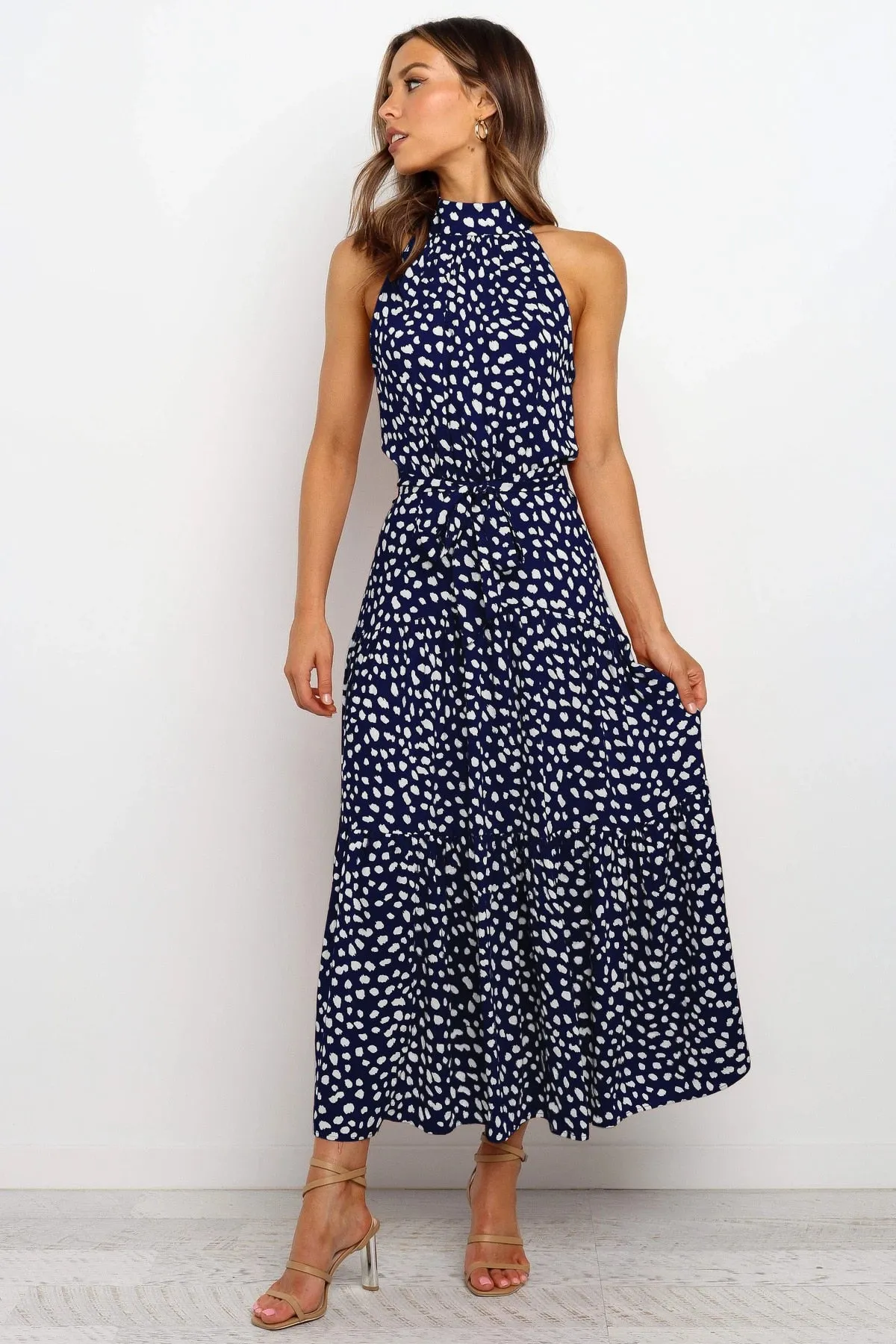 Summer Long Polka Dot Casual Sexy Halter Strapless Yellow Sundress