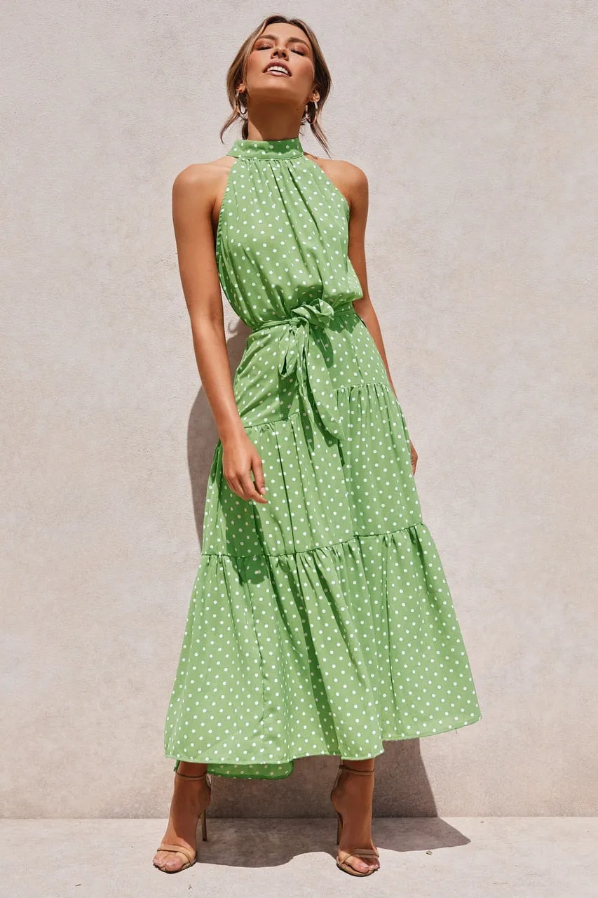 Summer Long Polka Dot Casual Sexy Halter Strapless Yellow Sundress