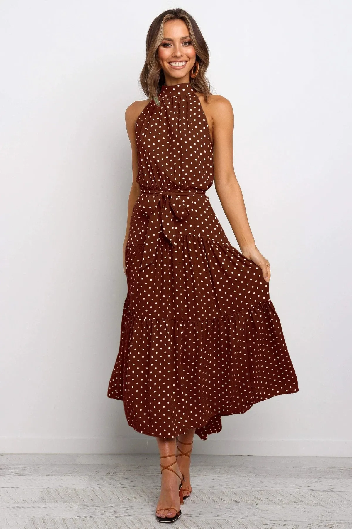 Summer Long Polka Dot Casual Sexy Halter Strapless Yellow Sundress