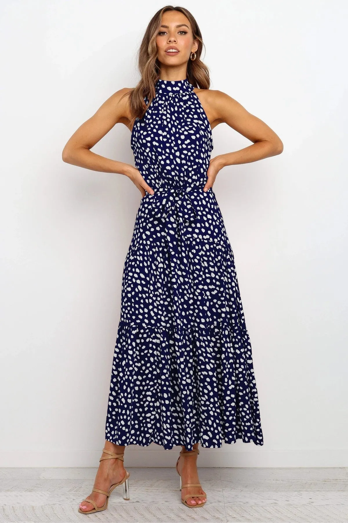 Summer Long Polka Dot Casual Sexy Halter Strapless Yellow Sundress