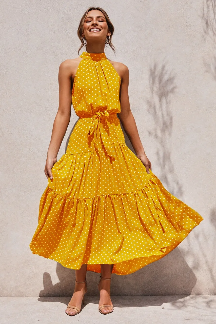 Summer Long Polka Dot Casual Sexy Halter Strapless Yellow Sundress