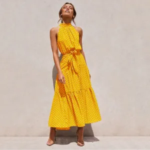 Summer Long Polka Dot Casual Sexy Halter Strapless Yellow Sundress