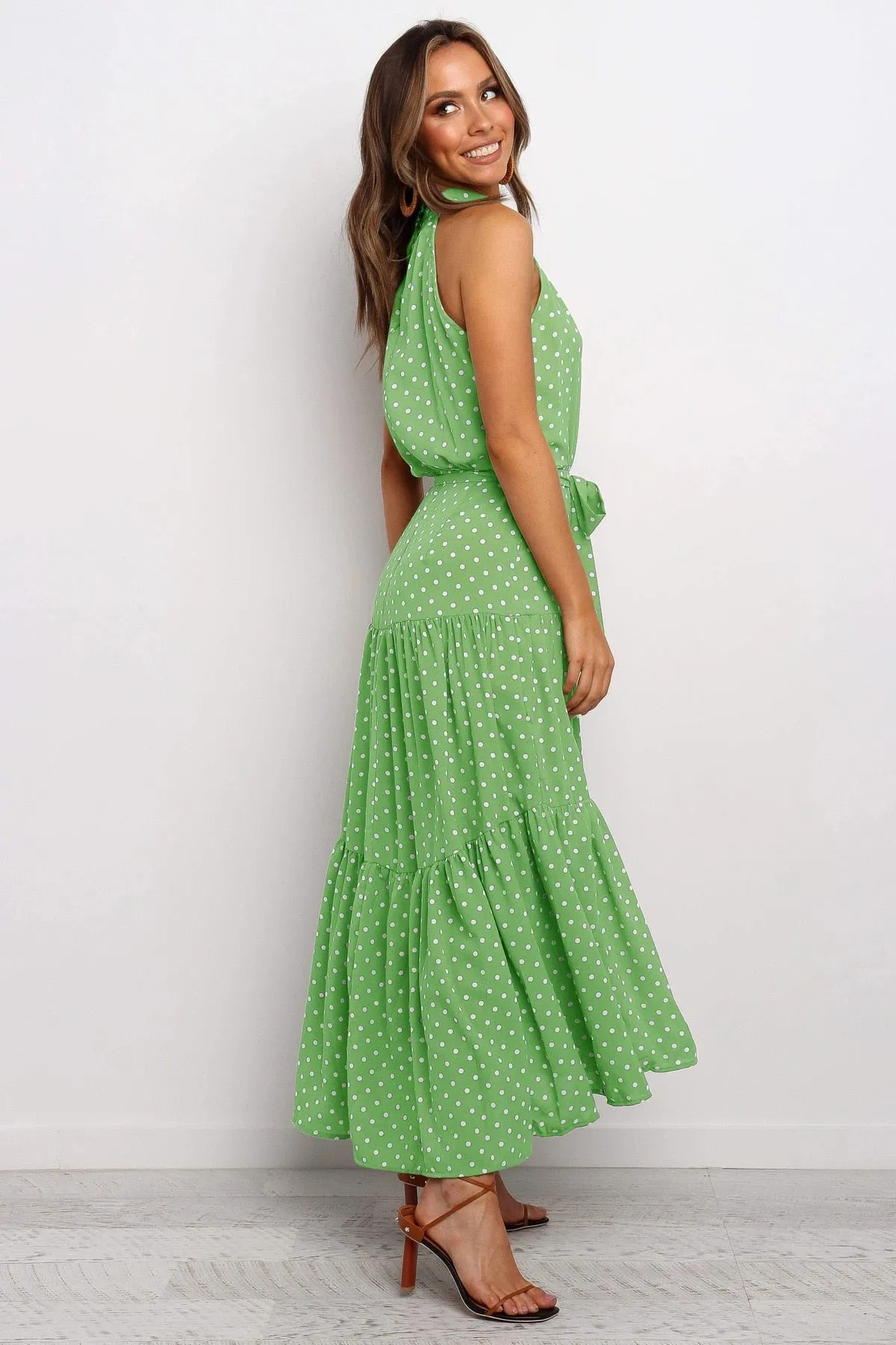 Summer Long Polka Dot Casual Sexy Halter Strapless Yellow Sundress