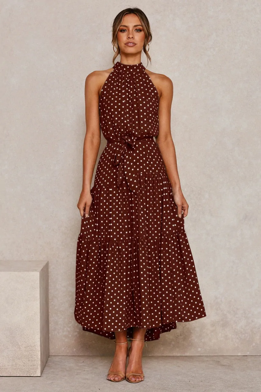 Summer Long Polka Dot Casual Sexy Halter Strapless Yellow Sundress