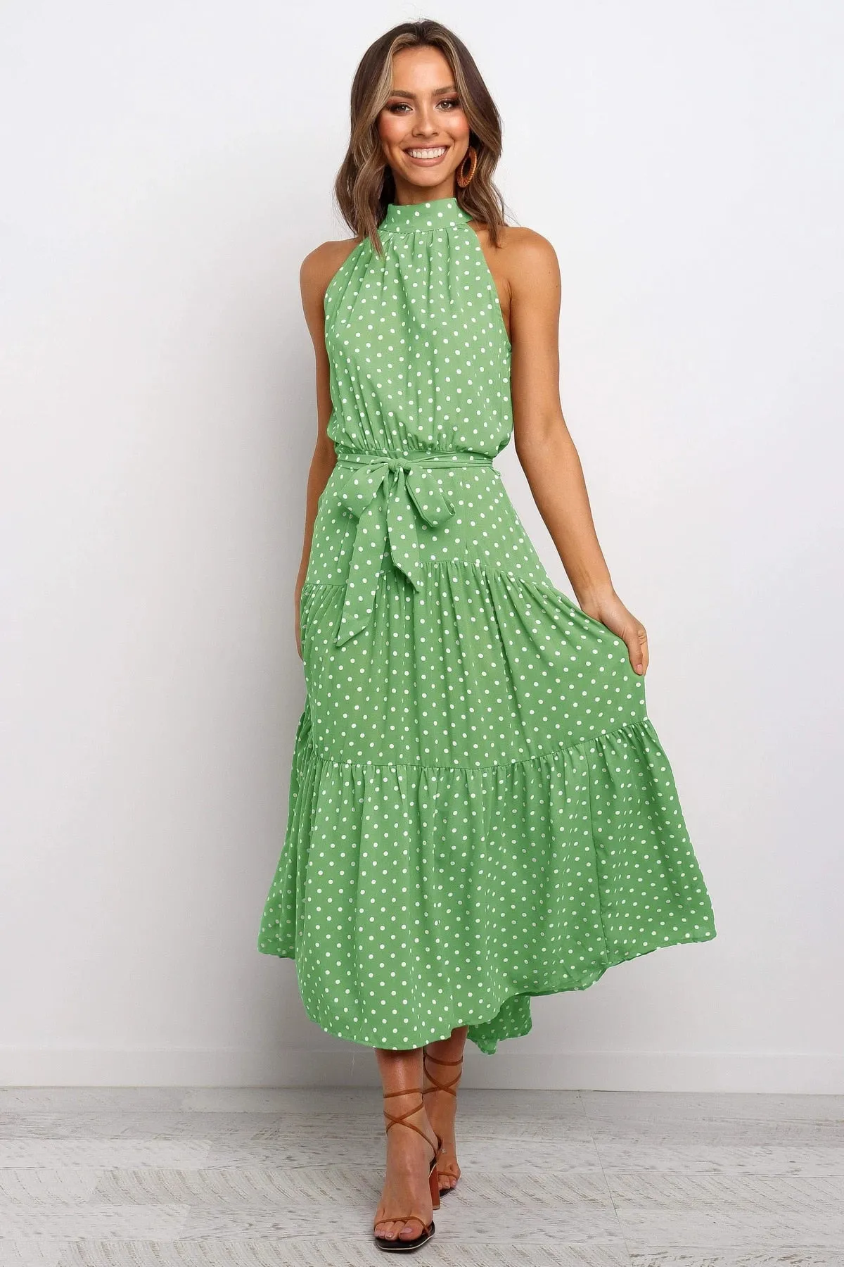 Summer Long Polka Dot Casual Sexy Halter Strapless Yellow Sundress