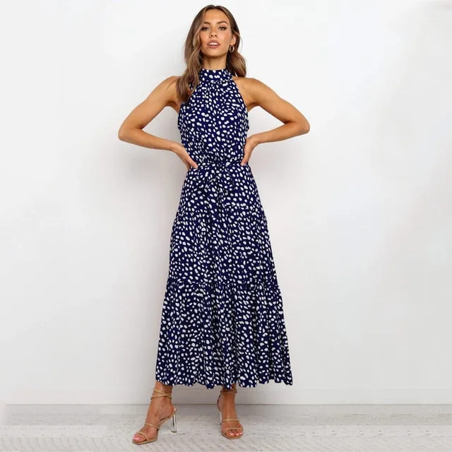 Summer Long Polka Dot Casual Sexy Halter Strapless Yellow Sundress