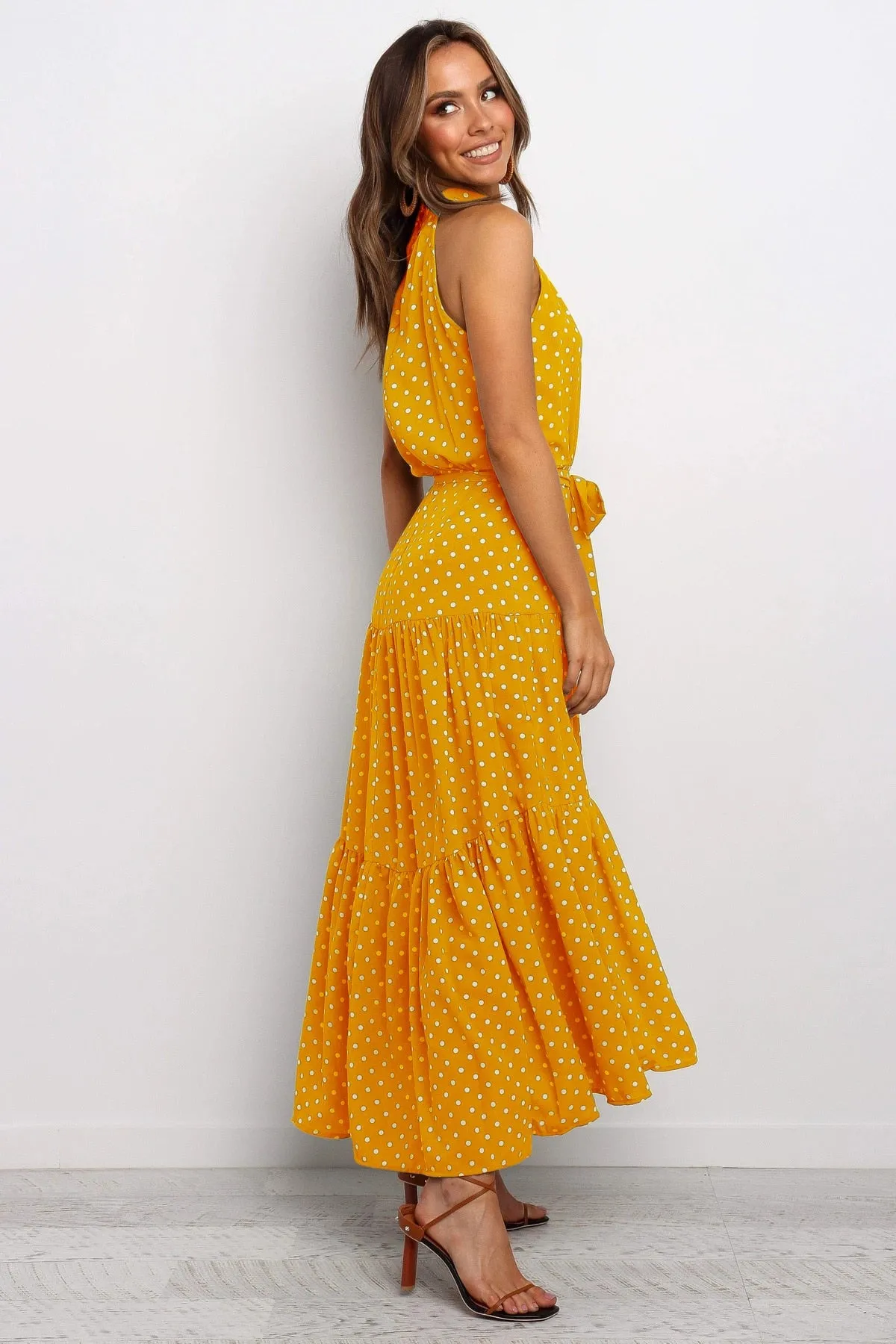 Summer Long Polka Dot Casual Sexy Halter Strapless Yellow Sundress