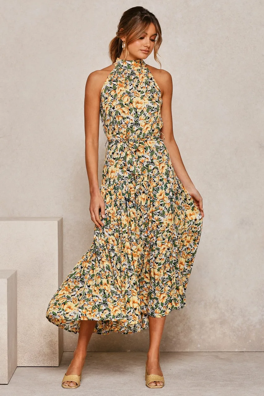 Summer Long Polka Dot Casual Sexy Halter Strapless Yellow Sundress