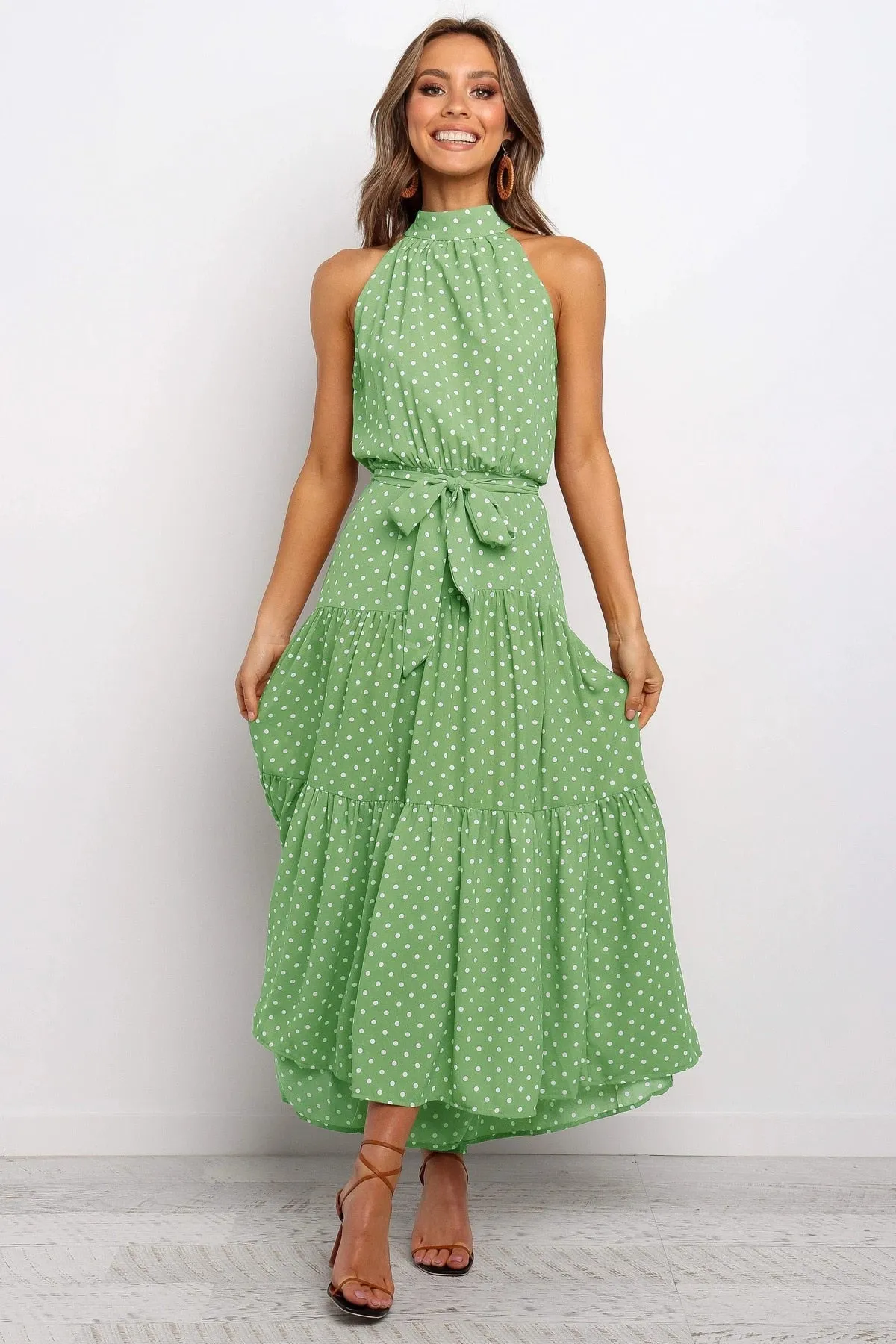 Summer Long Polka Dot Casual Sexy Halter Strapless Yellow Sundress