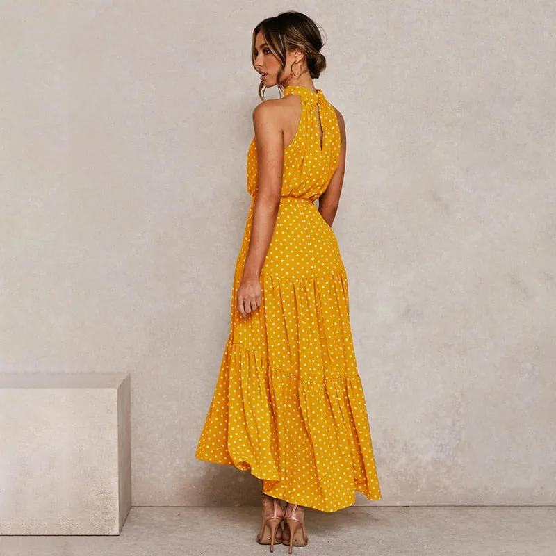Summer Long Polka Dot Casual Sexy Halter Strapless Yellow Sundress